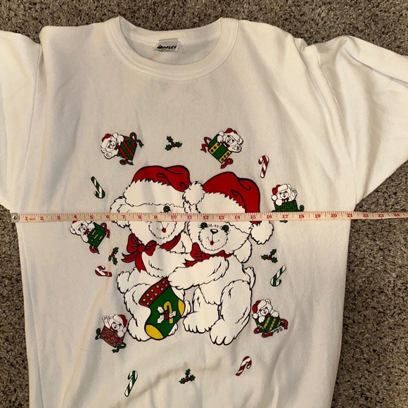 Apples Vintage Christmas Teddy Bears Sweatshirt Women's White L. Sleeve Cozy Top - Picture 7 of 7